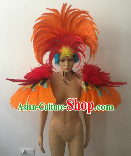 Top Grade Professional Performance Catwalks Costume and Headpiece, Traditional Brazilian Rio Carnival Samba Modern Fancywork Feather Clothing for Men