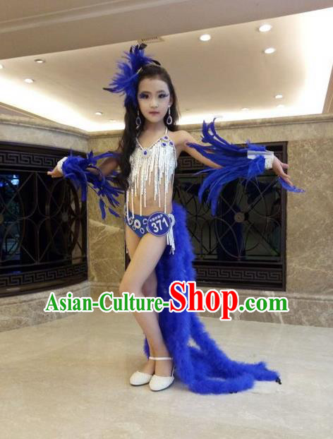 Top Grade Professional Performance Catwalks Costume and Headpiece, Traditional Brazilian Rio Carnival Samba Modern Fancywork Blue Feather Clothing for Men