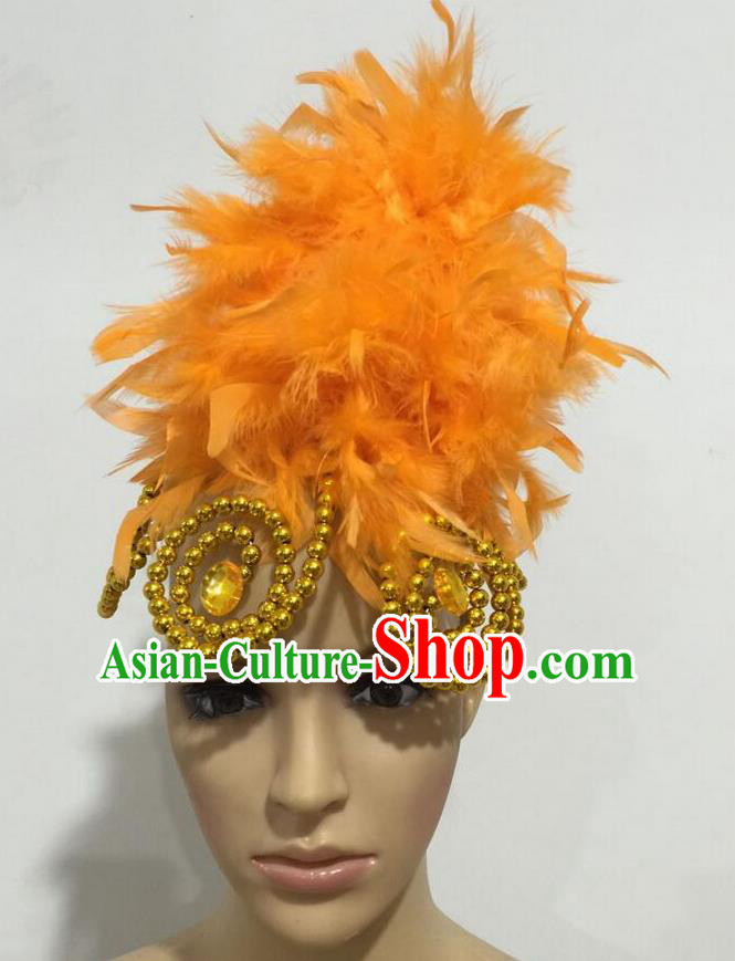 Top Grade Professional Stage Show Giant Headpiece Parade Hair Accessories, Brazilian Rio Carnival Samba Opening Dance Imperial Empress Orange Feather Headwear for Women