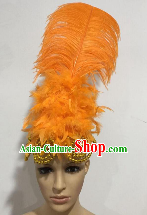 Top Grade Professional Stage Show Giant Headpiece Parade Hair Accessories, Brazilian Rio Carnival Samba Opening Dance Imperial Empress Orange Feather Headwear for Women