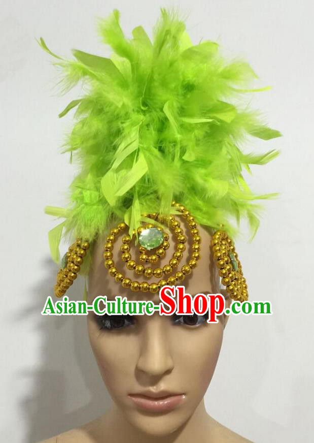 Top Grade Professional Stage Show Giant Headpiece Parade Hair Accessories, Brazilian Rio Carnival Samba Opening Dance Imperial Empress Green Feather Headwear for Women