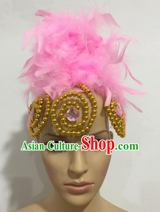 Top Grade Professional Stage Show Giant Headpiece Parade Hair Accessories, Brazilian Rio Carnival Samba Opening Dance Imperial Empress Pink Feather Headwear for Women