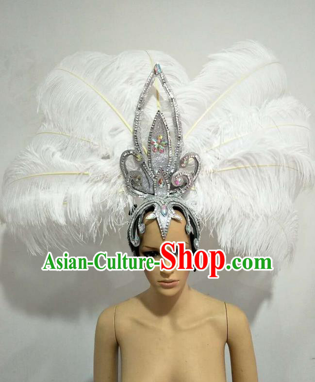 Top Grade Professional Stage Show Giant Headpiece Parade Big Hair Accessories Decorations, Brazilian Rio Carnival Samba Opening Dance White Feather Headdresses for Women
