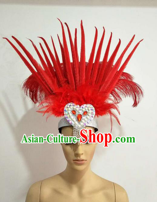 Top Grade Professional Stage Show Giant Headpiece Parade Hair Accessories Decorations, Brazilian Rio Carnival Samba Opening Dance Red Feather Hats for Women