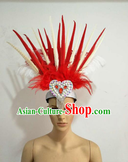 Top Grade Professional Stage Show Giant Headpiece Parade Hair Accessories Decorations, Brazilian Rio Carnival Samba Opening Dance Red and White Feather Hats for Women