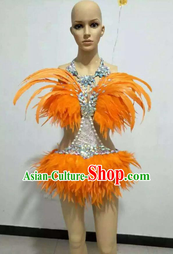 Top Grade Professional Performance Catwalks Swimsuit Costume, Traditional Brazilian Rio Carnival Samba Suits Modern Fancywork Orange Feather Bikini for Women