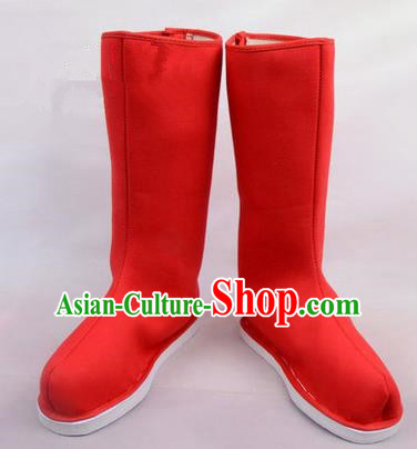 Chinese Ancient Peking Opera Officer Embroidered Court High Leg Boots, Traditional China Beijing Opera Red Cloth Shoes