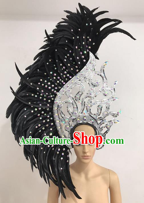 Top Grade Professional Stage Show Giant Headpiece Black Feather Hair Accessories Decorations, Brazilian Rio Carnival Samba Opening Dance Headwear for Women