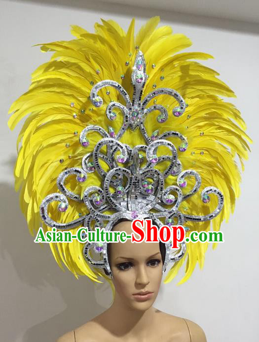 Top Grade Professional Stage Show Giant Headpiece Yellow Feather Hair Accessories Decorations, Brazilian Rio Carnival Samba Opening Dance Headwear for Women