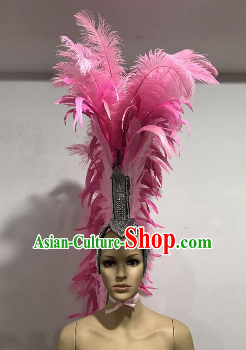 Top Grade Professional Stage Show Giant Headpiece Pink Feather Hair Accessories Decorations, Brazilian Rio Carnival Samba Opening Dance Soldier Helmet Headwear for Women