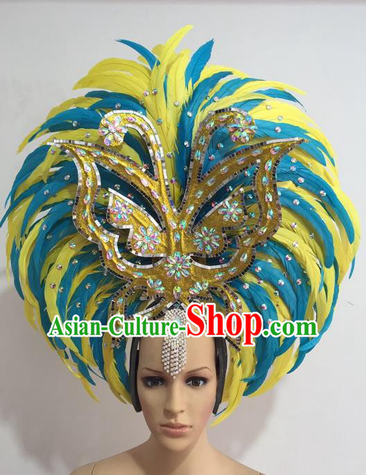 Top Grade Professional Stage Show Giant Headpiece Crystal Butterfly Feather Hair Accessories Decorations, Brazilian Rio Carnival Samba Opening Dance Headwear for Women