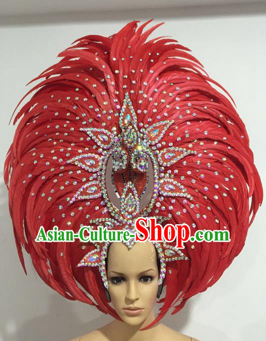 Top Grade Professional Stage Show Giant Headpiece Crystal Red Feather Hair Accessories Decorations, Brazilian Rio Carnival Samba Opening Dance Headwear for Women