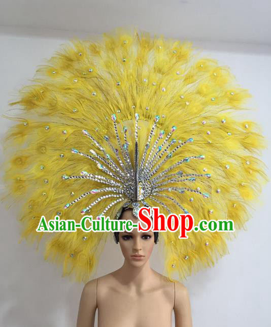 Top Grade Professional Stage Show Giant Headpiece Yellow Feather Big Hair Accessories Decorations, Brazilian Rio Carnival Samba Opening Dance Headwear for Women