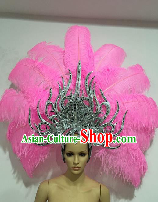 Top Grade Professional Stage Show Giant Headpiece Parade Giant Pink Feather Hair Accessories Decorations, Brazilian Rio Carnival Samba Opening Dance Headwear for Women