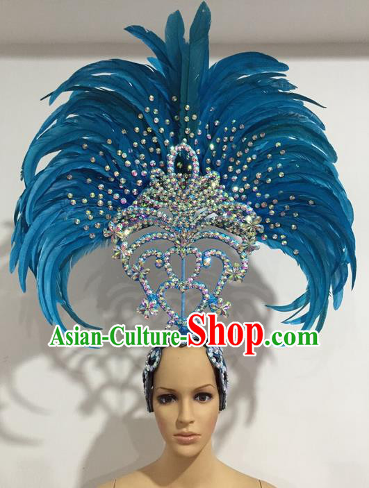 Top Grade Professional Stage Show Giant Headpiece Parade Giant Blue Feather Crystal Hair Accessories Decorations, Brazilian Rio Carnival Samba Opening Dance Headwear for Women