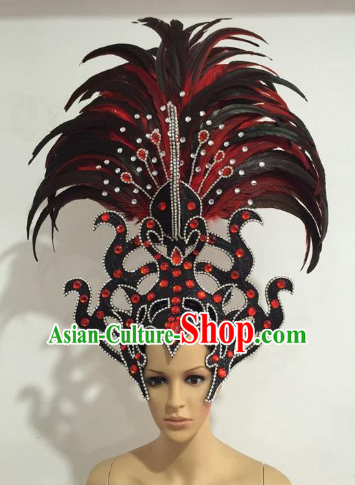 Top Grade Professional Stage Show Giant Headpiece Parade Giant Crystal Hair Accessories Feather Decorations, Brazilian Rio Carnival Samba Opening Dance Headwear for Women