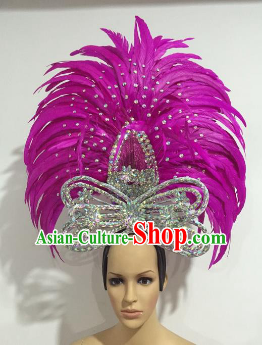 Top Grade Professional Stage Show Giant Headpiece Parade Giant Crystal Hair Accessories Rosy Feather Queen Decorations, Brazilian Rio Carnival Samba Opening Dance Headwear for Women