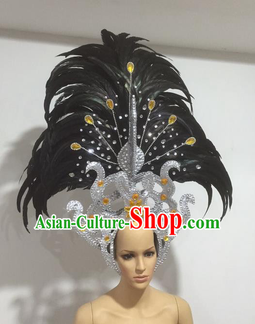 Top Grade Professional Stage Show Giant Headpiece Parade Giant Hair Accessories Black Feather Decorations, Brazilian Rio Carnival Samba Opening Dance Imperial Empress Headwear for Women