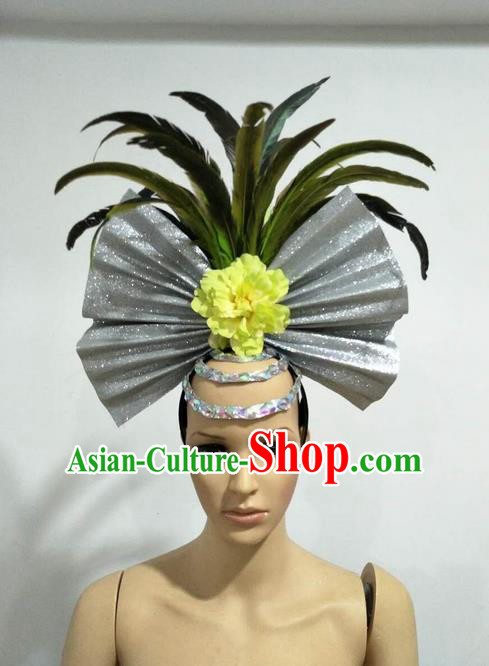 Top Grade Professional Stage Show Giant Headpiece Parade Giant Hair Accessories Feather Decorations, Brazilian Rio Carnival Samba Opening Dance Headwear for Women