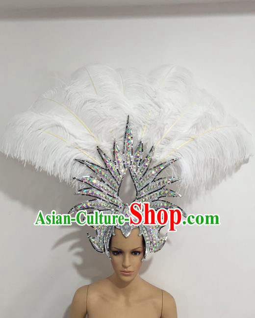 Top Grade Professional Stage Show Giant Headpiece Crystal White Feather Hair Accessories Decorations, Brazilian Rio Carnival Samba Opening Dance Headwear for Women