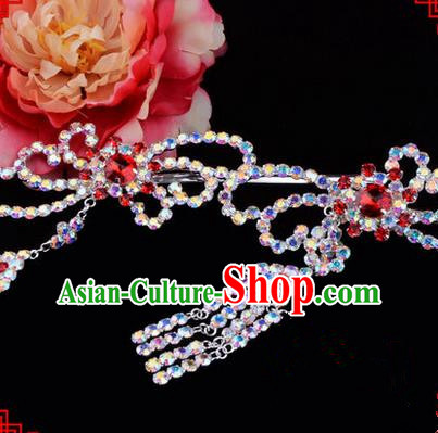 Chinese Ancient Peking Opera Hair Accessories Young Lady Diva Red Phoenix Tassel Hairpins, Traditional Chinese Beijing Opera Hua Tan Colorful Colorful Crystal Head Ornaments