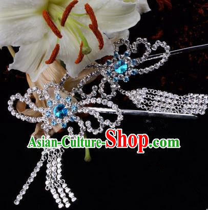 Chinese Ancient Peking Opera Hair Accessories Young Lady Diva Blue Phoenix Tassel Hairpins, Traditional Chinese Beijing Opera Hua Tan Colorful Crystal Head Ornaments