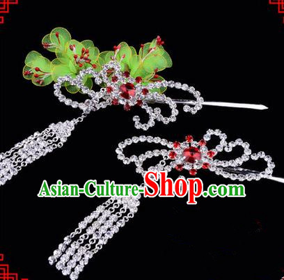 Chinese Ancient Peking Opera Hair Accessories Young Lady Diva Red Phoenix Tassel Hairpins, Traditional Chinese Beijing Opera Hua Tan Colorful Crystal Head Ornaments