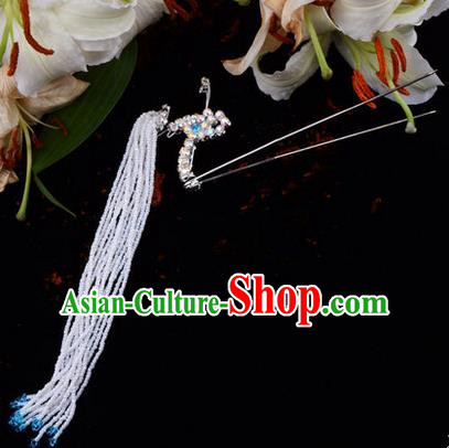 Chinese Ancient Peking Opera Hair Accessories Young Lady Diva Blue Long Tassel Phoenix Hairpins, Traditional Chinese Beijing Opera Hua Tan Colorful Crystal Head Ornaments