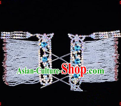 Chinese Ancient Peking Opera Hair Accessories Young Lady Diva Colorful Crystal Hairpins Blue Temples Curtain, Traditional Chinese Beijing Opera Hua Tan Head Ornaments