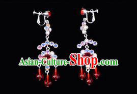 Chinese Ancient Peking Opera Head Accessories Young Lady Diva Colorful Crystal Red Earring, Traditional Chinese Beijing Opera Hua Tan Eardrop