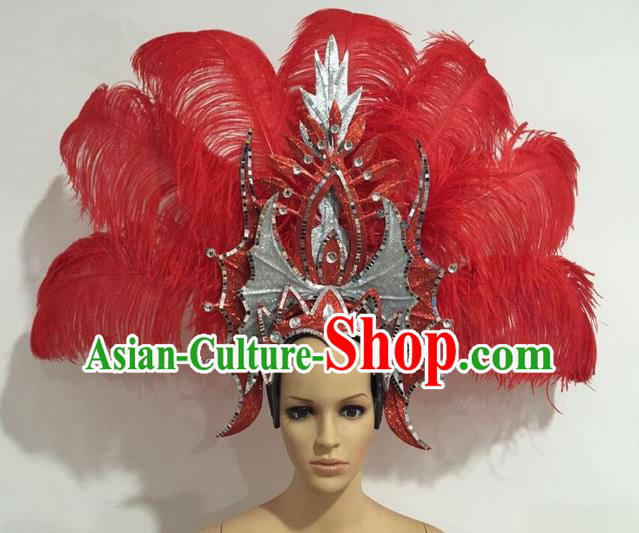 Top Grade Professional Stage Show Giant Headpiece Red Feather Big Hair Accessories Decorations, Brazilian Rio Carnival Samba Opening Dance Headwear for Women