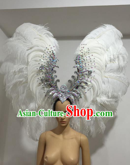 Top Grade Professional Stage Show Giant Headpiece White Feather Big Hair Accessories Decorations, Brazilian Rio Carnival Samba Opening Dance Headwear for Women