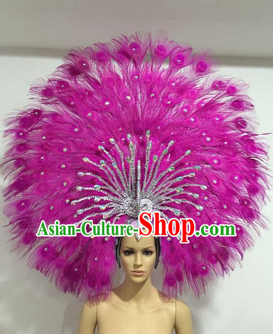 Top Grade Professional Stage Show Giant Headpiece Rosy Feather Big Hair Accessories Decorations, Brazilian Rio Carnival Samba Opening Dance Headwear for Women