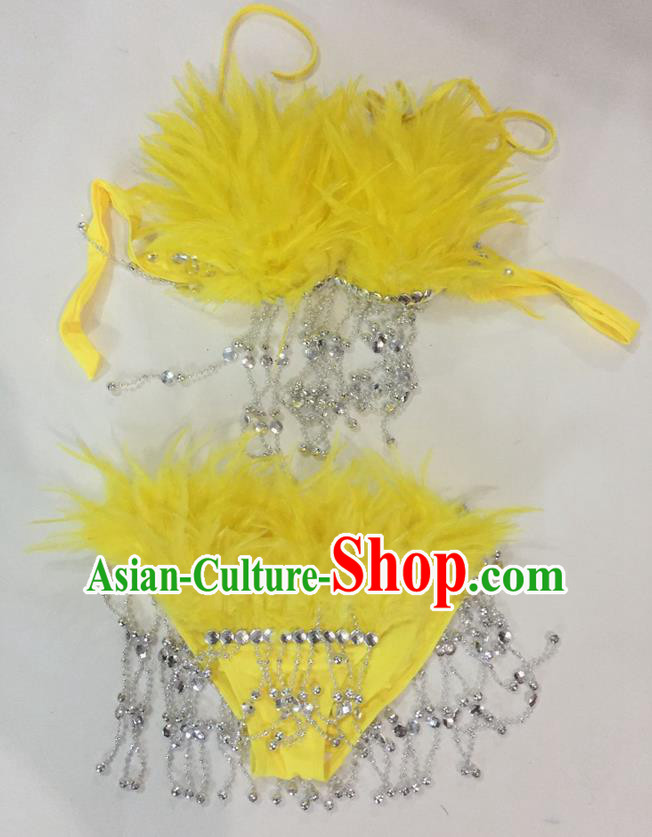 Top Grade Professional Performance Catwalks Swimsuit Costumes, Traditional Brazilian Rio Carnival Samba Suits Modern Fancywork Yellow Feather Bikini for Women