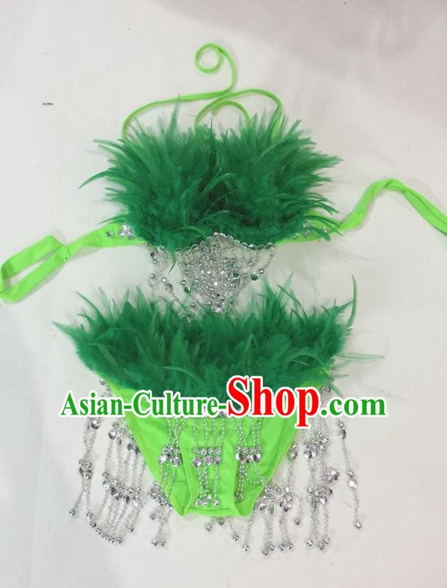 Top Grade Professional Performance Catwalks Swimsuit Costumes, Traditional Brazilian Rio Carnival Samba Suits Modern Fancywork Deep Green Feather Bikini for Women