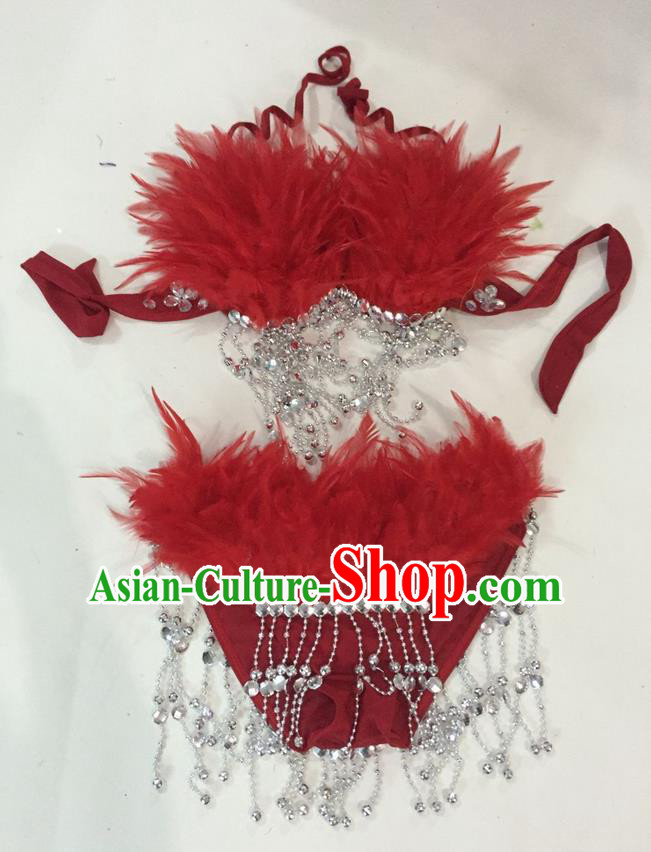 Top Grade Professional Performance Catwalks Swimsuit Costumes, Traditional Brazilian Rio Carnival Samba Suits Modern Fancywork Red Feather Bikini for Women