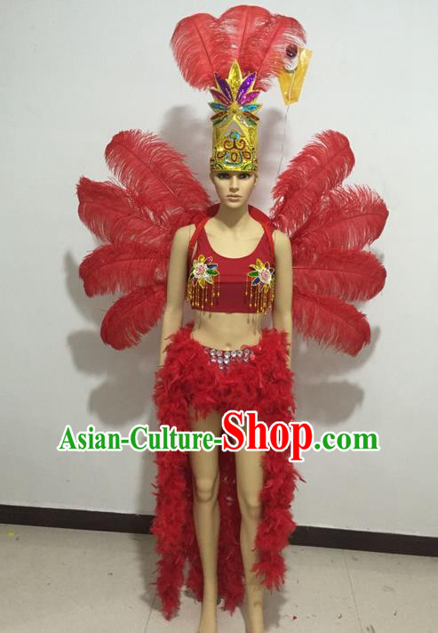 Top Grade Professional Performance Catwalks Swimsuit Costumes and Headpiece, Traditional Brazilian Rio Carnival Samba Suits Modern Fancywork Red Feather Bikini for Women