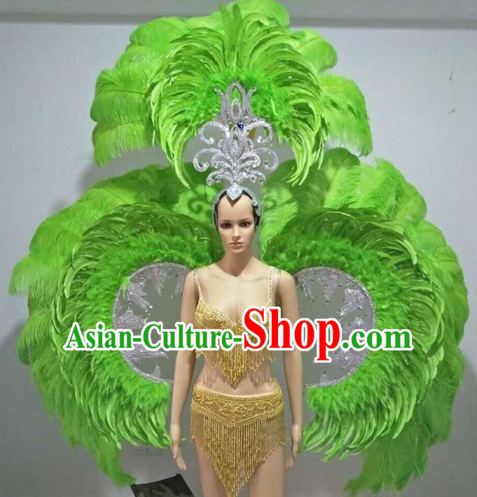 Top Grade Professional Performance Catwalks Swimsuit Costumes with Wings Headpiece, Traditional Brazilian Rio Carnival Samba Suits Modern Fancywork Green Feather Bikini for Women