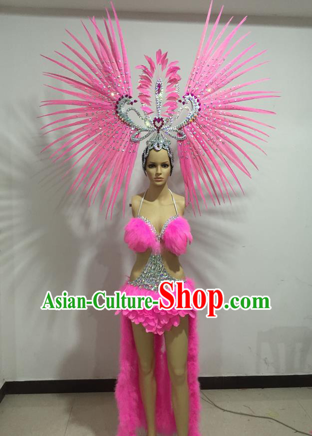 Top Grade Professional Performance Catwalks Swimsuit Costumes, Traditional Brazilian Rio Carnival Samba Suits Modern Fancywork Pink Bikini Clothing for Women