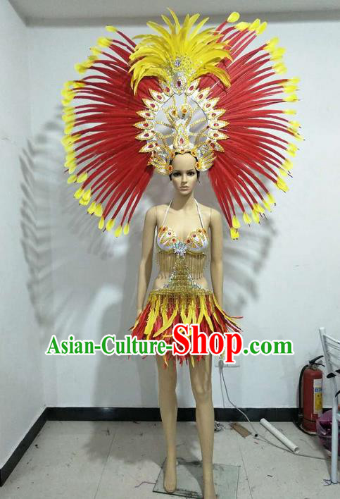 Top Grade Professional Performance Catwalks Swimsuit Costumes and Headwear, Traditional Brazilian Rio Carnival Samba Suits Modern Fancywork Feather Bikini Clothing for Women