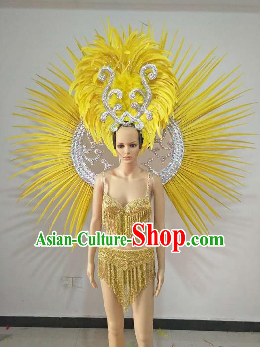 Top Grade Professional Performance Catwalks Swimsuit Costumes and Headpiece, Traditional Brazilian Rio Carnival Samba Suits Modern Fancywork Yellow Feather Bikini Clothing for Women