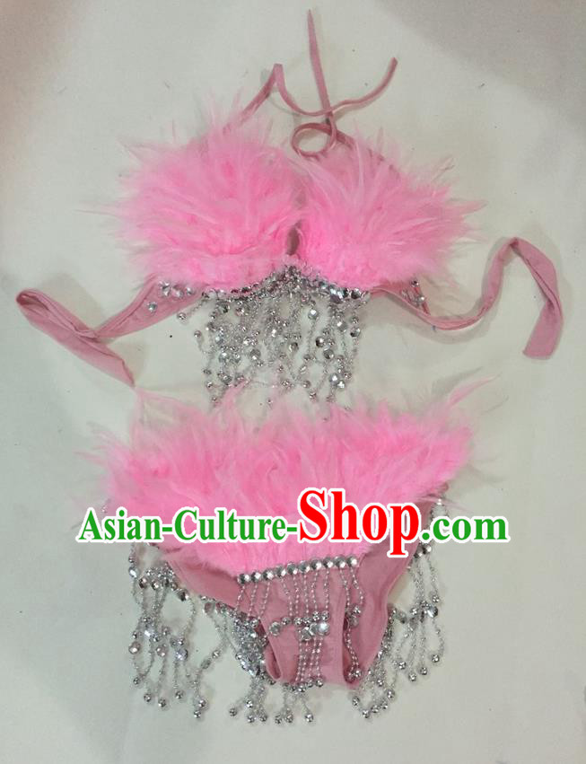 Top Grade Professional Performance Catwalks Swimsuit Costumes, Traditional Brazilian Rio Carnival Samba Suits Modern Fancywork Pink Feather Bikini for Women