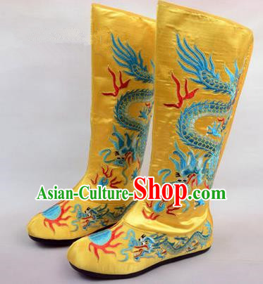 Chinese Ancient Peking Opera King Embroidered Dragon High Leg Boots, Traditional China Beijing Opera Emperor Yellow Embroidered Steller Shoes