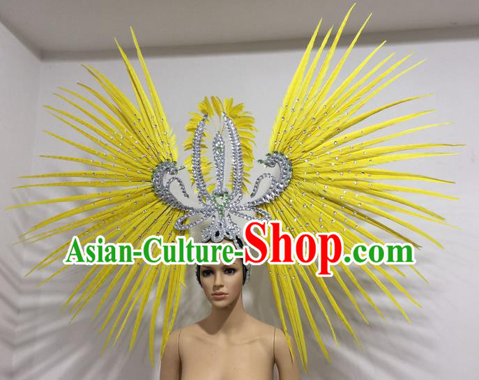 Top Grade Professional Stage Show Giant Headpiece Parade Hair Accessories Decorations, Brazilian Rio Carnival Samba Opening Dance Yellow Feather Headdress for Women