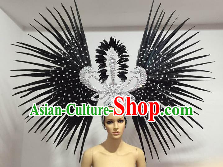 Top Grade Professional Stage Show Giant Headpiece Parade Hair Accessories Decorations, Brazilian Rio Carnival Samba Opening Dance Black Feather Headdress for Women