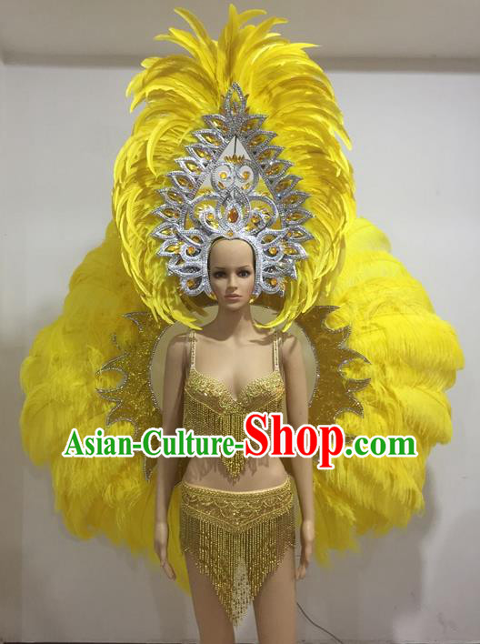 Top Grade Professional Performance Catwalks Yellow Feather Wings and Headpiece, Traditional Brazilian Rio Carnival Samba Opening Dance Props Modern Fancywork Backboard for Women