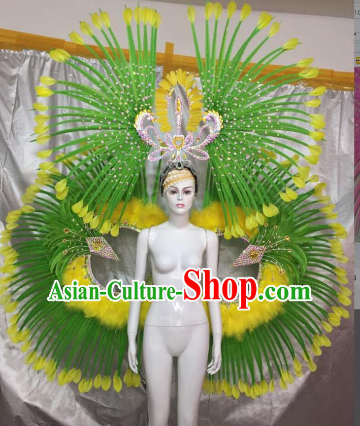 Top Grade Professional Performance Catwalks Green Feather Props and Headpiece, Traditional Brazilian Rio Carnival Samba Opening Dance Modern Fancywork Backboard for Women