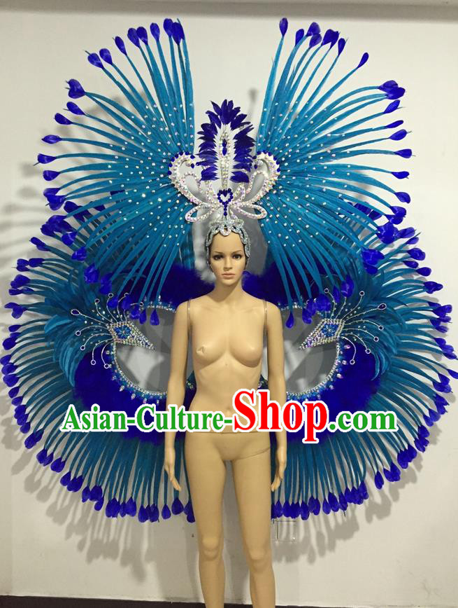 Top Grade Professional Performance Catwalks Blue Feather Props and Headpiece, Traditional Brazilian Rio Carnival Samba Opening Dance Modern Fancywork Backboard for Women