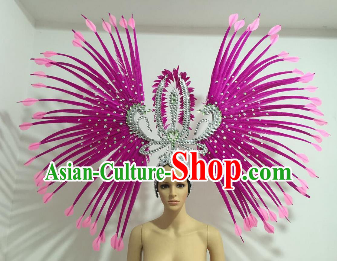 Top Grade Professional Stage Show Giant Headpiece Parade Hair Accessories Decorations, Brazilian Rio Carnival Samba Opening Dance Rosy Feather Headdress for Women