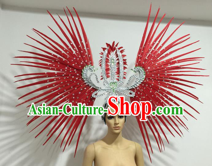 Top Grade Professional Stage Show Giant Headpiece Parade Hair Accessories Decorations, Brazilian Rio Carnival Samba Opening Dance Red Feather Headdress for Women